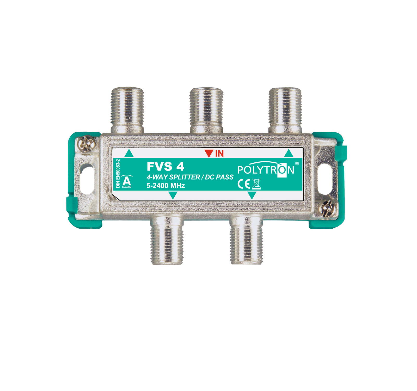 FVS 4 -  5-2400 MHz 4-fach Verteiler mit DC-Durchgang, F-Anschlüsse.